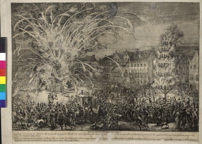 Fuegos artificiales nocturnos en la calle de los Sablons en Bruselas 1686 (aguafuerte) de Romeyn de Hooghe