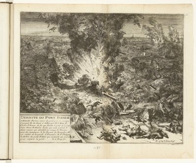 Volando el puente de barcos de Parma sobre el Escalda, 1585 Deroute du Pont Farnese (título sobre el objeto) Guerres de Flandres (título de la serie) de Romeyn de Hooghe