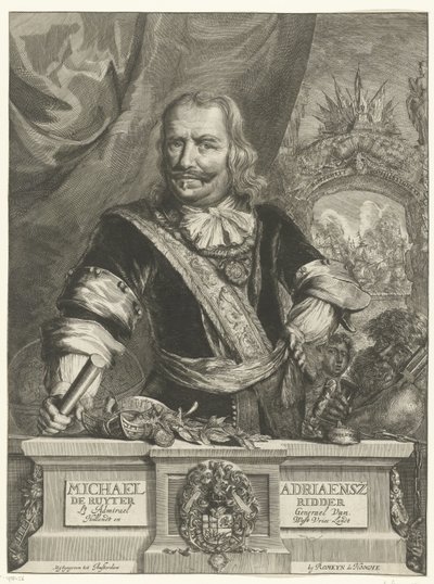 Retrato de Michiel de Ruyter Michael Adriaensz de Ruyter Knight Teniente Almirante general Van Hollandt y West Vrieslandt (título sobre el objeto) de Romeyn de Hooghe