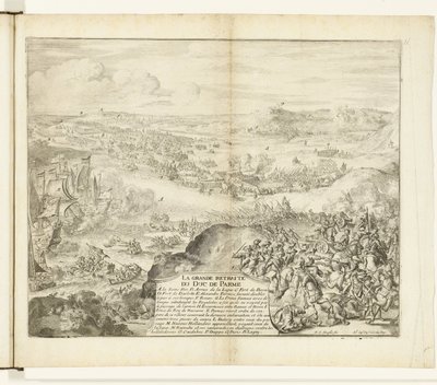 Retiro del ejército del duque de Parma, 1592 La grande retiro du duc de Parme (título sobre objeto) Guerres de Flandres (título de la serie) de Romeyn de Hooghe