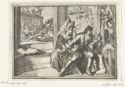 Portada del folleto: The Bump in the Guard, en el Haasejagt, 1702 The Bump in the Guard, en el Haasejagt (título sobre el objeto) Esopus en Europa (título de la serie) de Romeyn de Hooghe