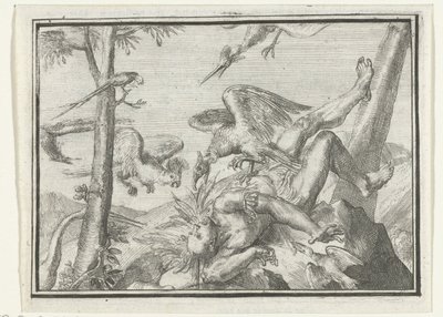 Portada del folleto: De Geplukte Tapoeijer, 1702 De Plukte Tapoeijer (título sobre objeto) Esopus en Europa (título de la serie) de Romeyn de Hooghe