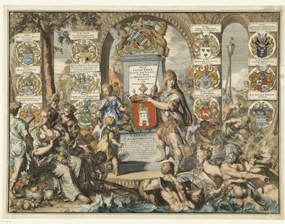 Impresión de título Caartboeck van Voorne, 1701 Voorne Caart-Boeck de todos los pueblos y pólderes ubicados en East Lande y West Voorne (...) 7 de junio de 1695. Como cuando Bailliuw y Leenmannen eran los Heeren anteriores y adyacentes. (título en el objet de Romeyn de Hooghe