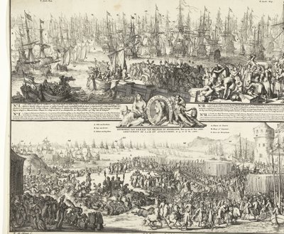 Viaje de Guillermo III a Inglaterra, 1688 Salida de S.K.H. después de Inglaterra, el 11 de noviembre. 1688 / Llegada de S.K.H.D.P. de Orange en Inglaterra, los días 15 y 16 de noviembre. 1688 (título sobre el objeto) Departamento de la R.A.S. para Angleter de Romeyn de Hooghe