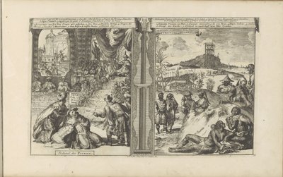 Tribunal en Perzie; Khoikhoi en Guinea Corte de los persas // Hotentotes en Guineesche / Hotentotes y habitantes de Guinea (título sobre el objeto) Las Indias Orientales y Occidentales y otros lugares (título de la serie) de Romeyn de Hooghe