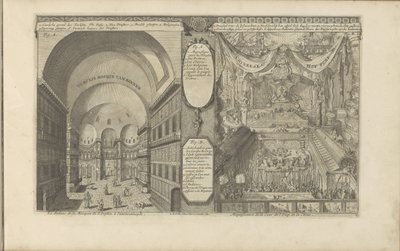 Mezquita Turkse en Constantinopel; Keizerlijkhof en China Turksche se burla de van binnen / El interior de la Mezquita de Santa Sofía, en Constantinopla // Chineese Hof Pomp / Magnificencia de la Corte de Emp. de China. (título en el objeto) Las Indias Ori de Romeyn de Hooghe
