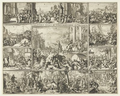 Persecución de los protestantes en Francia tras la revocación del Edicto de Nantes, 1685-1686 Tirano contra los reformados en Vrankrijk (título sobre objeto) de Romeyn de Hooghe