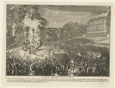Fuegos artificiales en el jardín del palacio, 1686 Castrum Triumphi Lucens et Ardens (título sobre el objeto) Entrada de Leopoldo I en Bruselas después de derrotar a los turcos, 1686 (título de la serie) de Romeyn de Hooghe