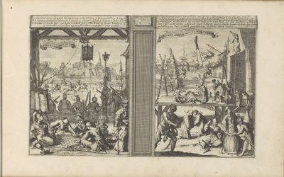 caseta de vigilancia en Japón; Magos y acróbatas Japans Wacht Huyse / Corps-de-garde des Japonnois // Guychelaers y Bootsmaeckers (título sobre el objeto) Les Indes Orientales et Occidentales et autres lieux (título de la serie) de Romeyn de Hooghe
