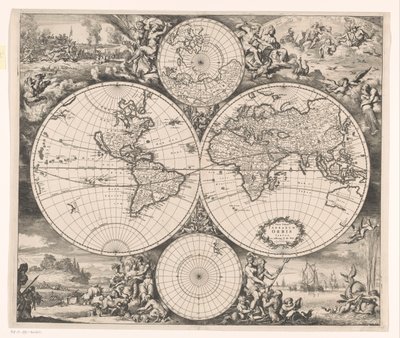 Mapamundi con una alegoría de los cuatro elementos Nova totius terrarum orbis tabula (título sobre objeto) de Romeyn de Hooghe