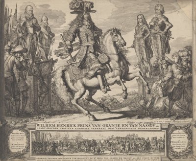 Guillermo III como Príncipe de Orange, con los cuatro estadistas precedentes, Guillermo I, Mauricio,... de Romeyn de Hooghe
