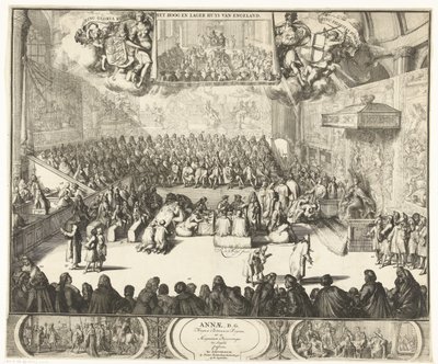 Zitting van het Lagerhuis conoció a koningin Anna op de troon, 1702 Ana, D.G. La Reina de Gran Bretaña, así como los Grandes Príncipes de Inglaterra Confesaron (título sobre el objeto) de Romeyn de Hooghe