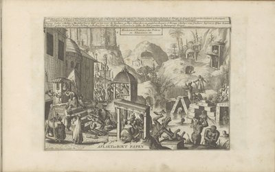 zona en caja Aflaet en Boet Papen / Absolución y penitencia de los sacerdotes en Abissinia, etc. (título en el objeto) Las Indias Orientales y Occidentales y otros lugares (título de la serie) de Romeyn de Hooghe