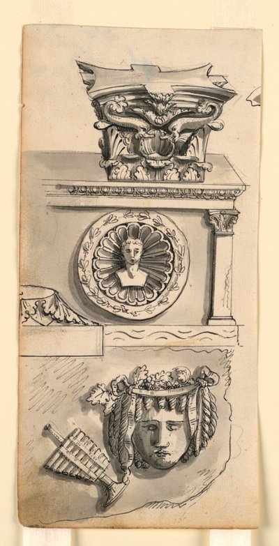 Diseños para un capitel, sarcófago y relieve de Romolo Achille Liverani