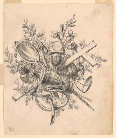 Dibujo, Trofeo con símbolos de las virtudes, 1830-1850 de Romolo Achille Liverani