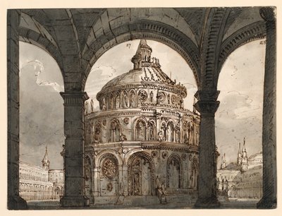 Diseño de escenario, atrio con el templo de los hospitalarios para la ópera "La Straniera" de Vincenzo Bellini de Romolo Achille Liverani