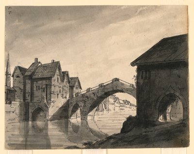 Diseño de escenario, puente sobre el río en una ciudad de Romolo Achille Liverani