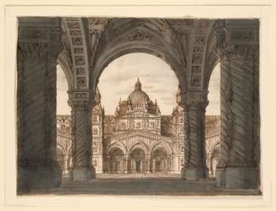 Diseño de escenario, fachada de iglesia desde una logia, I due Valdomiri de Felice Romani, música de Pietro de Winter. Representado en La Scala, Milán, 1818 de Romolo Achille Liverani