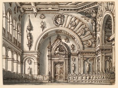 Diseño escénico, sala del consejo en dos estilos góticos de Romolo Achille Liverani