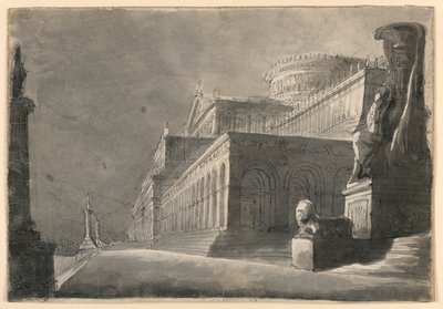 Diseño escénico, exterior de un palacio enorme de Romolo Achille Liverani