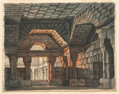 Diseño de escenario, interior del castillo fortificado para "Ciro en Babilonia" de Gioachino Rossini, La Scala, Milán, 1818, "Prigione Sotterranea" de Romolo Achille Liverani