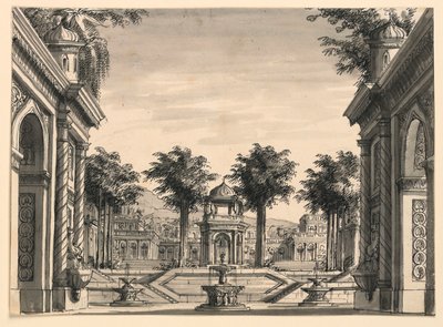Diseño escénico, jardín del palacio indio para el ballet "Genghis Khan" de Luigi Henry de Romolo Achille Liverani