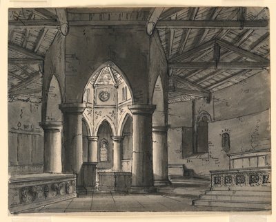Diseño de escenario, interior de capilla gótica de Romolo Achille Liverani