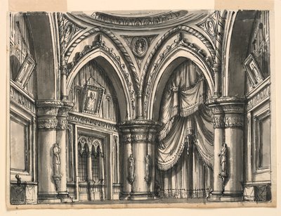 Diseño Escénico, Interior de Sala Gótica Alta con Arcos Ojivales de Romolo Achille Liverani
