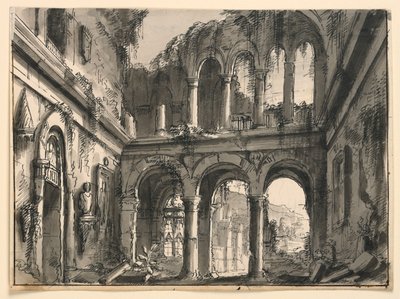 Diseño de escenario, interior de palacio renacentista en ruinas de Romolo Achille Liverani