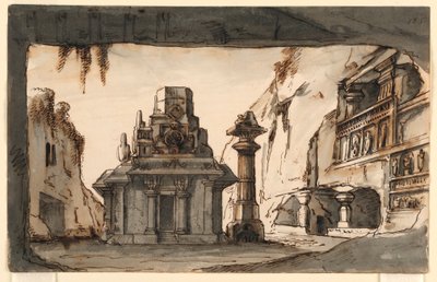 Diseño de escenario, edificios orientales entre cuevas y rocas de Romolo Achille Liverani