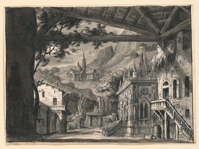 Diseño de escenario: Pueblo en paisaje montañoso, para L