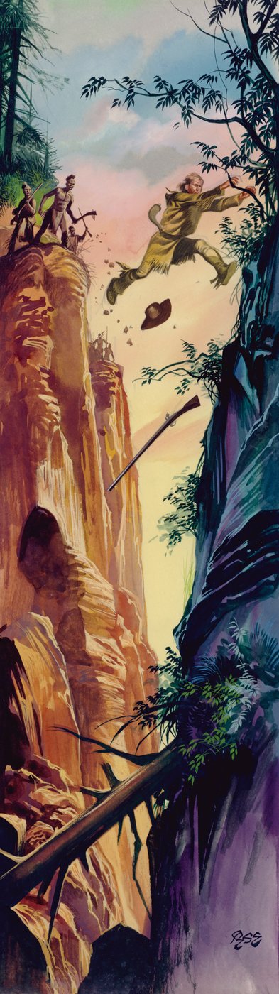 Hombre de frontera americano perseguido por indios nativos americanos (gouache sobre papel) de Ron Embleton