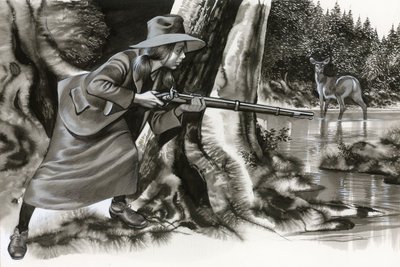 Annie Oakley disparando a un ciervo de Ron Embleton