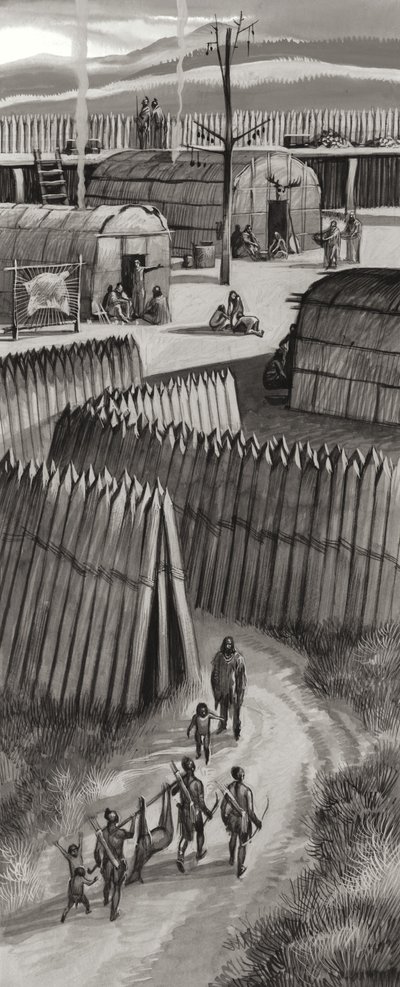 Aldea fortificada hurona (gouache sobre papel) de Ron Embleton