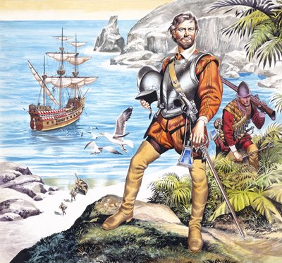 Francis Drake y la cierva dorada (gouache sobre papel) de Ron Embleton