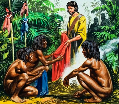 Marco Polo, amenaza de los caníbales, siglo XX (gouache sobre papel)) de Ron Embleton