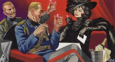 Mata Hari con unos amigos entre el Alto Mando alemán (gouache sobre papel) de Ron Embleton