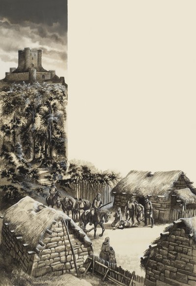 Aldea medieval (gouache sobre papel) de Ron Embleton