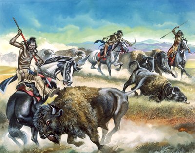 Indios nativos americanos matando bisontes americanos (gouache sobre papel) de Ron Embleton