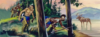 Indios nativos americanos al acecho de un alce (gouache sobre papel) de Ron Embleton