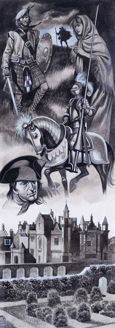 Castillo escocés y personalidades de la historia de Escocia (gouache sobre papel) de Ron Embleton