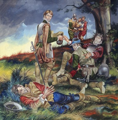 Sir Philip Sidney (1554-86) en La batalla de Zutphen (gouache sobre papel) de Ron Embleton