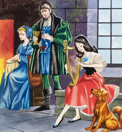 Blancanieves tocando el arpa para su padre (gouache sobre papel) de Ron Embleton