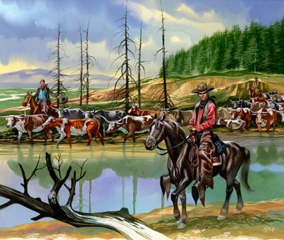 Vaqueros tejanos conduciendo ganado hacia el norte de Ron Embleton