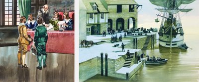 Los Padres Peregrinos en los muelles de Southampton de Ron Embleton
