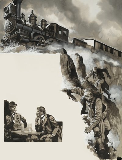 Tren y bandidos de Ron Embleton