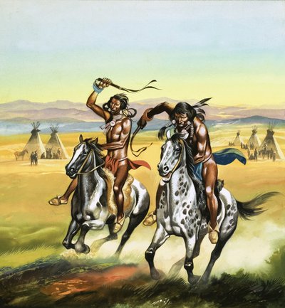 Indios no identificados azotando a sus caballos en de Ron Embleton