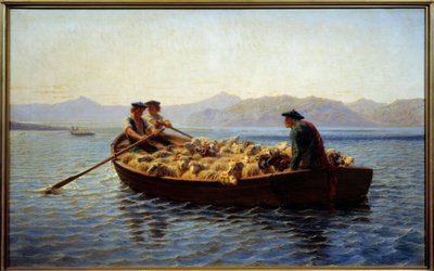 Cambio de pastoreo. Pastores embarcando el rebaño de ovejas para llevarlas a la otra orilla. Pintura de Rosa Bonheur (1822-1899) de Rosa Bonheur