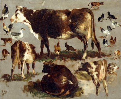 Estudios de Vacas, Gallinas, Gallos, un Ganso y una Oveja de Rosa Bonheur