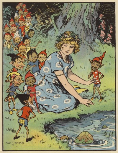 Niña rodeada de duendes (litografia en color) de Rosa Petherick